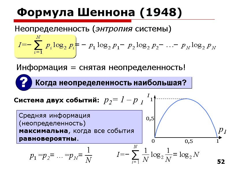 52 Формула Шеннона (1948) Неопределенность (энтропия системы) Система двух событий:  Средняя информация (неопределенность)